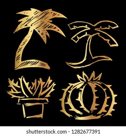 Gold Vector Set Collection of Palm Tree and Cactus. Flat Line Icon Logo, Sign, Symbol, Object. Graphic Design Element, Illustration, Poster, Print.