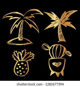 Gold Vector Set Collection of Palm Tree and Cactus. Flat Line Icon Logo, Sign, Symbol, Object. Graphic Design Element, Illustration, Poster, Print.