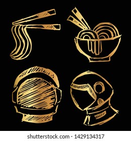 Gold Vector Set Collection of Ramen Food and Astronaut. Flat Line Icon Logo, Sign, Symbol, Object. Graphic Design Element, Illustration, Poster, Print.