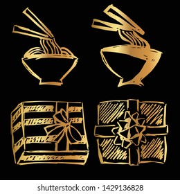 Gold Vector Set Collection of Ramen Food and Gift Box. Flat Line Icon Logo, Sign, Symbol, Object. Graphic Design Element, Illustration, Poster, Print.