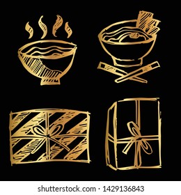 Gold Vector Set Collection of Ramen Food and Gift Box. Flat Line Icon Logo, Sign, Symbol, Object. Graphic Design Element, Illustration, Poster, Print.