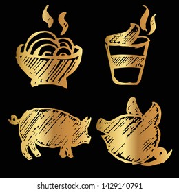 Gold Vector Set Collection of Ramen Food and Pig Animal. Flat Line Icon Logo, Sign, Symbol, Object. Graphic Design Element, Illustration, Poster, Print.