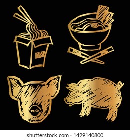 Gold Vector Set Collection of Ramen Food and Pig Animal. Flat Line Icon Logo, Sign, Symbol, Object. Graphic Design Element, Illustration, Poster, Print.