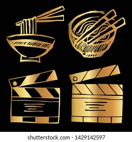 Gold Vector Set Collection of Ramen Food and Movie Film Play. Flat Line Icon Logo, Sign, Symbol, Object. Graphic Design Element, Illustration, Poster, Print.