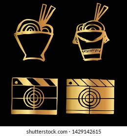Gold Vector Set Collection of Ramen Food and Movie Film Play. Flat Line Icon Logo, Sign, Symbol, Object. Graphic Design Element, Illustration, Poster, Print.