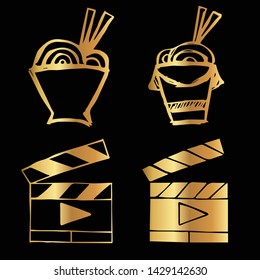 Gold Vector Set Collection of Ramen Food and Movie Film Play. Flat Line Icon Logo, Sign, Symbol, Object. Graphic Design Element, Illustration, Poster, Print.