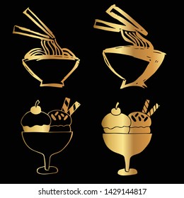 Gold Vector Set Collection of Ramen Food and Ice Cream Food. Flat Line Icon Logo, Sign, Symbol, Object. Graphic Design Element, Illustration, Poster, Print.