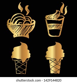 Gold Vector Set Collection of Ramen Food and Ice Cream Food. Flat Line Icon Logo, Sign, Symbol, Object. Graphic Design Element, Illustration, Poster, Print.