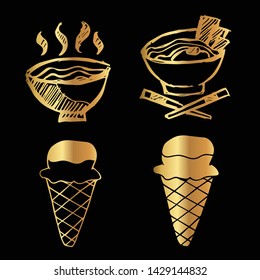 Gold Vector Set Collection of Ramen Food and Ice Cream Food. Flat Line Icon Logo, Sign, Symbol, Object. Graphic Design Element, Illustration, Poster, Print.