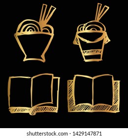 Gold Vector Set Collection of Ramen Food and Books. Flat Line Icon Logo, Sign, Symbol, Object. Graphic Design Element, Illustration, Poster, Print.