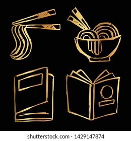 Gold Vector Set Collection of Ramen Food and Books. Flat Line Icon Logo, Sign, Symbol, Object. Graphic Design Element, Illustration, Poster, Print.