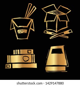 Gold Vector Set Collection of Ramen Food and Books. Flat Line Icon Logo, Sign, Symbol, Object. Graphic Design Element, Illustration, Poster, Print.