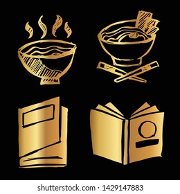 Gold Vector Set Collection of Ramen Food and Books. Flat Line Icon Logo, Sign, Symbol, Object. Graphic Design Element, Illustration, Poster, Print.