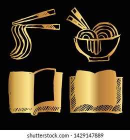 Gold Vector Set Collection of Ramen Food and Books. Flat Line Icon Logo, Sign, Symbol, Object. Graphic Design Element, Illustration, Poster, Print.