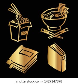 Gold Vector Set Collection of Ramen Food and Books. Flat Line Icon Logo, Sign, Symbol, Object. Graphic Design Element, Illustration, Poster, Print.