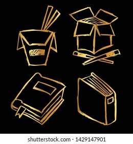 Gold Vector Set Collection of Ramen Food and Books. Flat Line Icon Logo, Sign, Symbol, Object. Graphic Design Element, Illustration, Poster, Print.