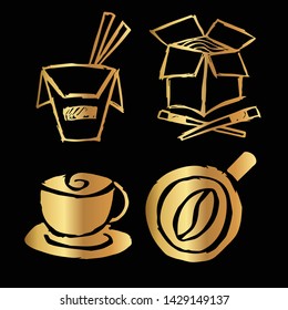 Gold Vector Set Collection of Ramen Food and Coffee. Flat Line Icon Logo, Sign, Symbol, Object. Graphic Design Element, Illustration, Poster, Print.