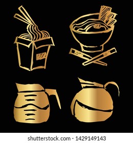 Gold Vector Set Collection of Ramen Food and Coffee. Flat Line Icon Logo, Sign, Symbol, Object. Graphic Design Element, Illustration, Poster, Print.