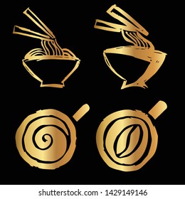 Gold Vector Set Collection of Ramen Food and Coffee. Flat Line Icon Logo, Sign, Symbol, Object. Graphic Design Element, Illustration, Poster, Print.