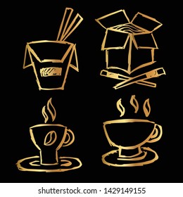 Gold Vector Set Collection of Ramen Food and Coffee. Flat Line Icon Logo, Sign, Symbol, Object. Graphic Design Element, Illustration, Poster, Print.