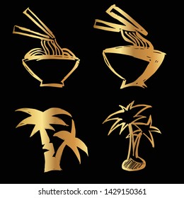 Gold Vector Set Collection of Ramen Food and Palm Tree. Flat Line Icon Logo, Sign, Symbol, Object. Graphic Design Element, Illustration, Poster, Print.