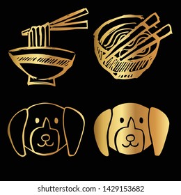 Gold Vector Set Collection of Ramen Food and Dog Animal. Flat Line Icon Logo, Sign, Symbol, Object. Graphic Design Element, Illustration, Poster, Print.