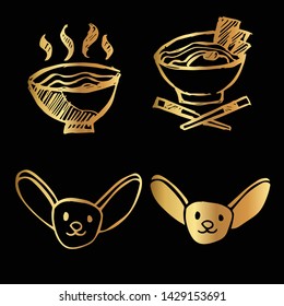 Gold Vector Set Collection of Ramen Food and Dog Animal. Flat Line Icon Logo, Sign, Symbol, Object. Graphic Design Element, Illustration, Poster, Print.