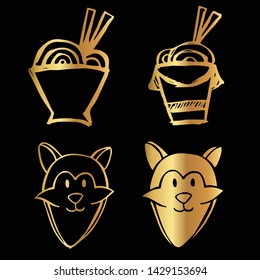 Gold Vector Set Collection of Ramen Food and Dog Animal. Flat Line Icon Logo, Sign, Symbol, Object. Graphic Design Element, Illustration, Poster, Print.