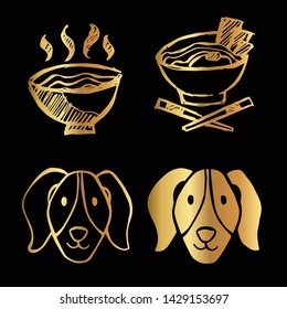 Gold Vector Set Collection of Ramen Food and Dog Animal. Flat Line Icon Logo, Sign, Symbol, Object. Graphic Design Element, Illustration, Poster, Print.