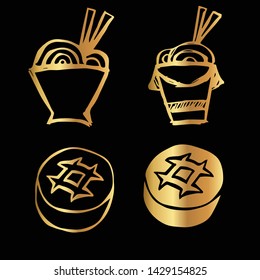Gold Vector Set Collection of Ramen Food and Bread Food. Flat Line Icon Logo, Sign, Symbol, Object. Graphic Design Element, Illustration, Poster, Print.