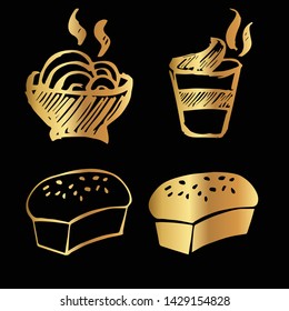 Gold Vector Set Collection of Ramen Food and Bread Food. Flat Line Icon Logo, Sign, Symbol, Object. Graphic Design Element, Illustration, Poster, Print.
