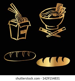 Gold Vector Set Collection of Ramen Food and Bread Food. Flat Line Icon Logo, Sign, Symbol, Object. Graphic Design Element, Illustration, Poster, Print.