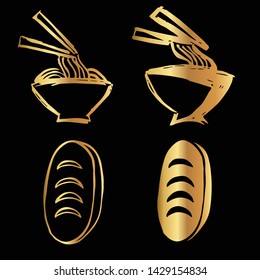 Gold Vector Set Collection of Ramen Food and Bread Food. Flat Line Icon Logo, Sign, Symbol, Object. Graphic Design Element, Illustration, Poster, Print.
