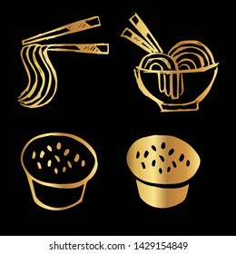 Gold Vector Set Collection of Ramen Food and Bread Food. Flat Line Icon Logo, Sign, Symbol, Object. Graphic Design Element, Illustration, Poster, Print.