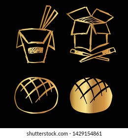 Gold Vector Set Collection of Ramen Food and Bread Food. Flat Line Icon Logo, Sign, Symbol, Object. Graphic Design Element, Illustration, Poster, Print.