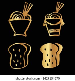 Gold Vector Set Collection of Ramen Food and Bread Food. Flat Line Icon Logo, Sign, Symbol, Object. Graphic Design Element, Illustration, Poster, Print.