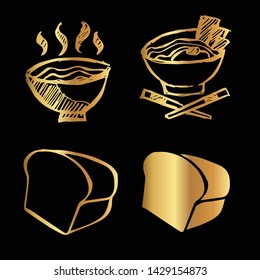 Gold Vector Set Collection of Ramen Food and Bread Food. Flat Line Icon Logo, Sign, Symbol, Object. Graphic Design Element, Illustration, Poster, Print.