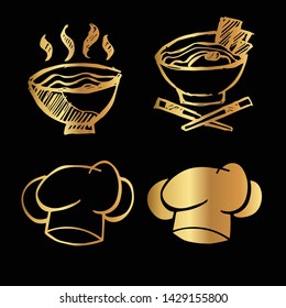 Gold Vector Set Collection of Ramen Food and Chef Hat. Flat Line Icon Logo, Sign, Symbol, Object. Graphic Design Element, Illustration, Poster, Print.