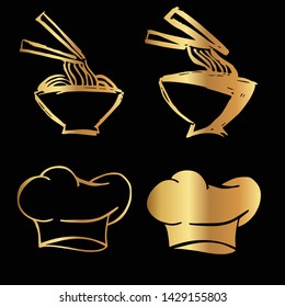 Gold Vector Set Collection of Ramen Food and Chef Hat. Flat Line Icon Logo, Sign, Symbol, Object. Graphic Design Element, Illustration, Poster, Print.