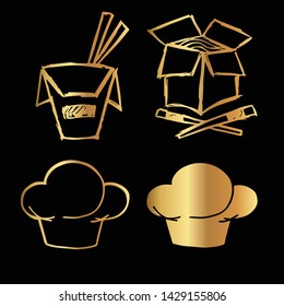 Gold Vector Set Collection of Ramen Food and Chef Hat. Flat Line Icon Logo, Sign, Symbol, Object. Graphic Design Element, Illustration, Poster, Print.
