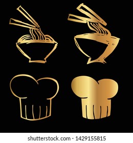 Gold Vector Set Collection of Ramen Food and Chef Hat. Flat Line Icon Logo, Sign, Symbol, Object. Graphic Design Element, Illustration, Poster, Print.