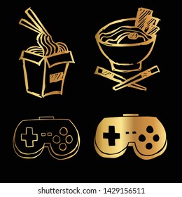Gold Vector Set Collection of Ramen Food and Gaming Controller. Flat Line Icon Logo, Sign, Symbol, Object. Graphic Design Element, Illustration, Poster, Print.