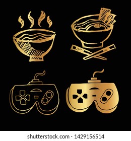 Gold Vector Set Collection of Ramen Food and Gaming Controller. Flat Line Icon Logo, Sign, Symbol, Object. Graphic Design Element, Illustration, Poster, Print.