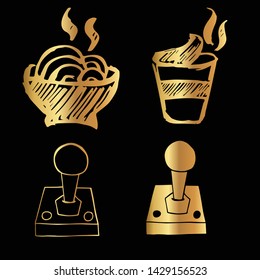 Gold Vector Set Collection of Ramen Food and Gaming Controller. Flat Line Icon Logo, Sign, Symbol, Object. Graphic Design Element, Illustration, Poster, Print.