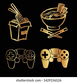 Gold Vector Set Collection of Ramen Food and Gaming Controller. Flat Line Icon Logo, Sign, Symbol, Object. Graphic Design Element, Illustration, Poster, Print.