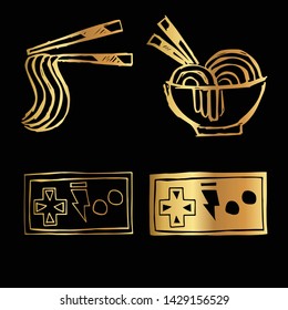 Gold Vector Set Collection of Ramen Food and Gaming Controller. Flat Line Icon Logo, Sign, Symbol, Object. Graphic Design Element, Illustration, Poster, Print.