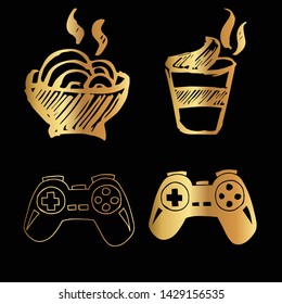 Gold Vector Set Collection of Ramen Food and Gaming Controller. Flat Line Icon Logo, Sign, Symbol, Object. Graphic Design Element, Illustration, Poster, Print.