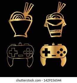 Gold Vector Set Collection of Ramen Food and Gaming Controller. Flat Line Icon Logo, Sign, Symbol, Object. Graphic Design Element, Illustration, Poster, Print.