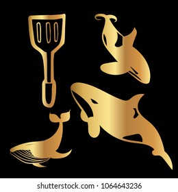 Gold Vector Set Collection of Spatula Cook Food, and Killer Humpback Whale Animal Sea Ocean . Flat Line Icon Logo, Sign, Symbol, Object. Graphic Design Element, Illustration, Poster, Print.