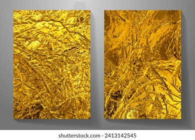 Gold vector set texture for cover design, cards, flyers, poster, banner. Bronze paint. Stone backdrop for design. Empty blank for text. Hand drawn golden backdrop. Vintage aged metallic texture.